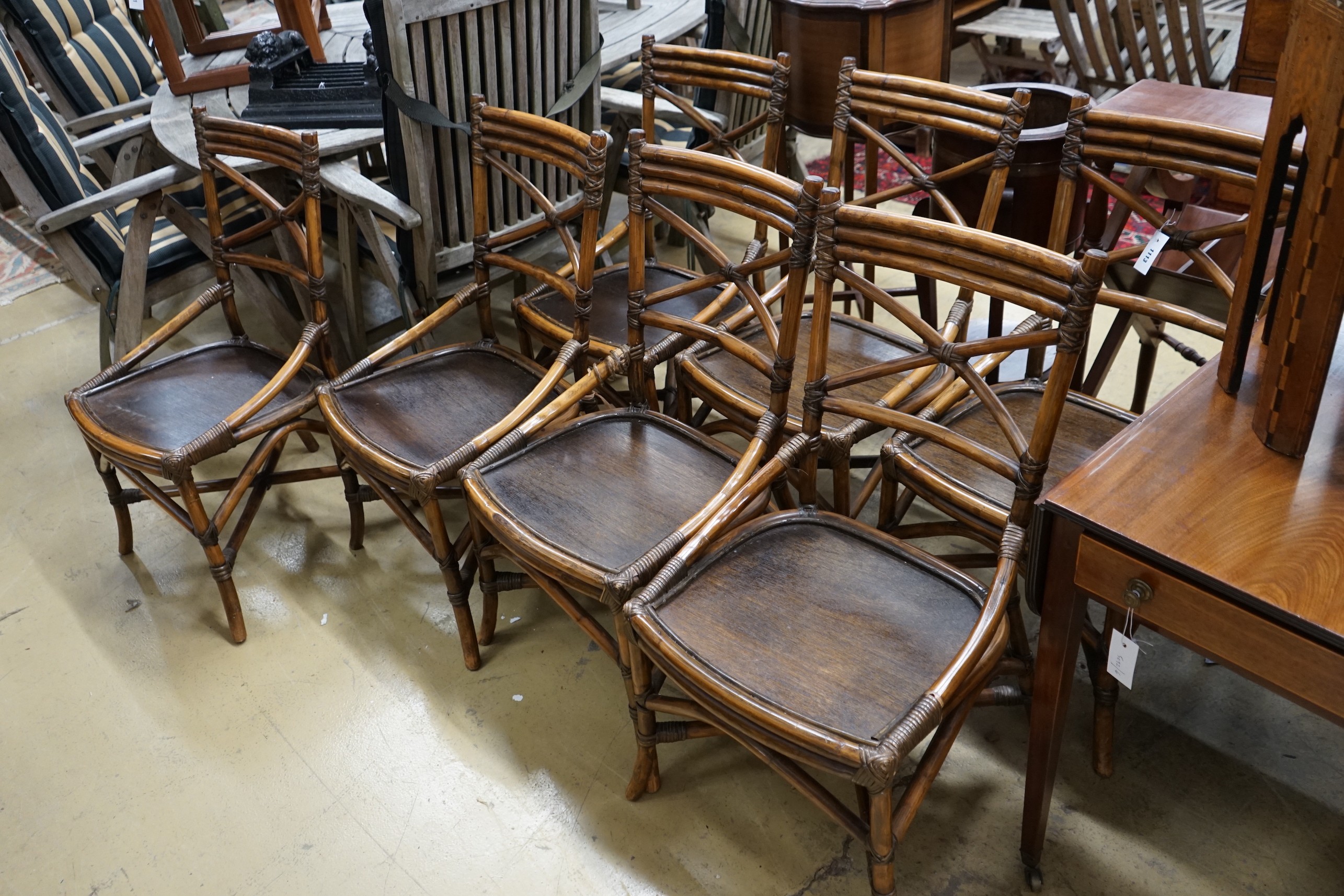 Seven bamboo wood seat dining chairs